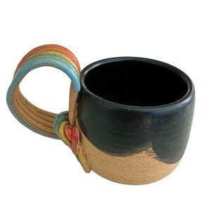 Handmade Wheel Thrown Ceramic Black and Rainbow Handle Pottery Coffee Tea Mug